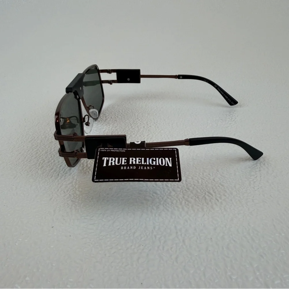 NWT True Religion Aviator Sunglasses Solid Lens Brown Frame Bold Hardware Unisex